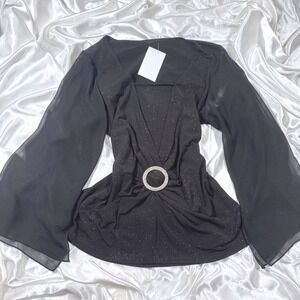 y2k Blouse Black Like New Glitter Rhinestone Ring Sheer Bell Sleeve Top